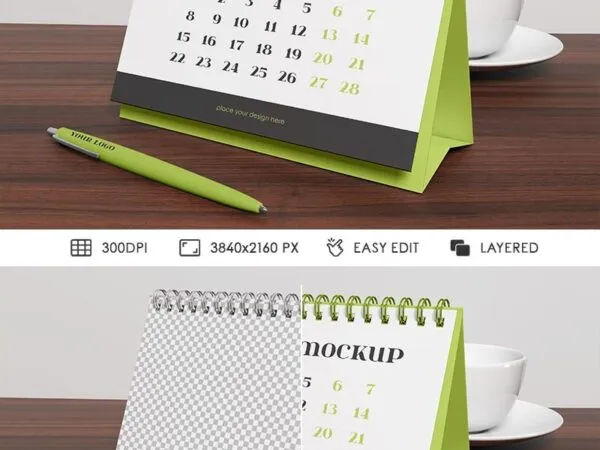 Perspective Sight of Desk Calendar Mockup with a Pen 1