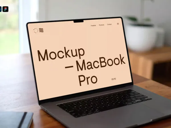 Perspective Sight of MacBook Pro Mockup on Wooden Desk 1