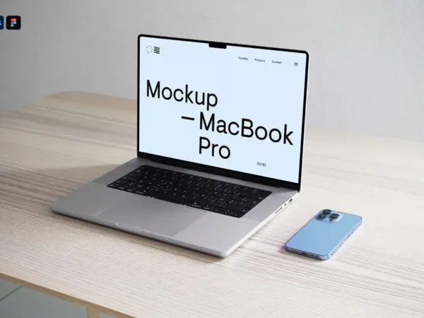Perspective Sight of MacBook Pro Mockup with iPhone 1