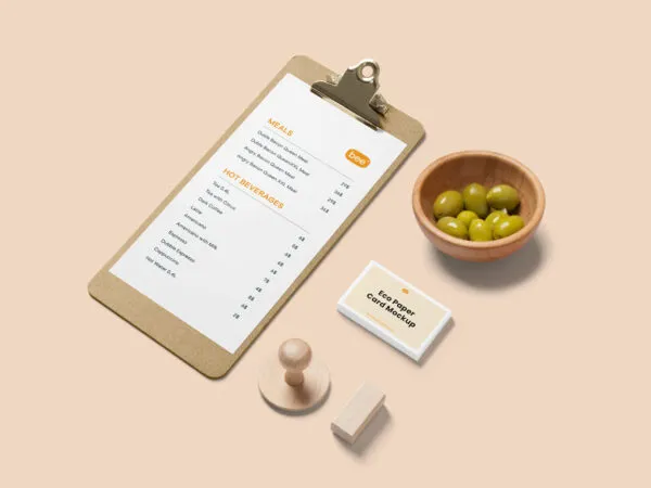 Perspective Sight of Stationery Menu Mockup with Olives 1