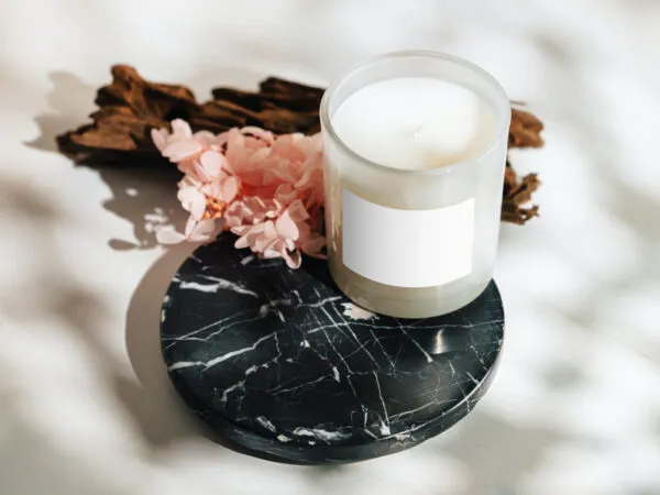 Perspective Sight of Transparent Candle Mockup with Flowers 1