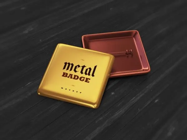 Perspective View 2 Square Metal Badges on Wooden Floor Mockup 1