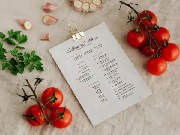 Perspective View A4 Menu Among Food Ingredients on Fabric Mockup 1