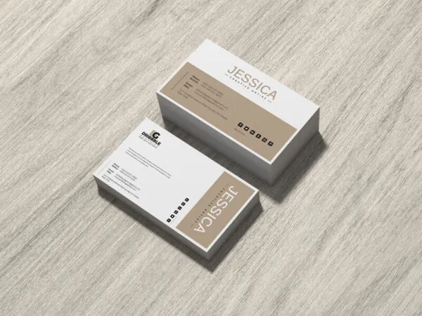 Perspective View Brand Business Card Stacks on Wood Mockup 1