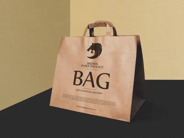 Perspective View Brown Paper Shopping Bag in Corner Mockup 1