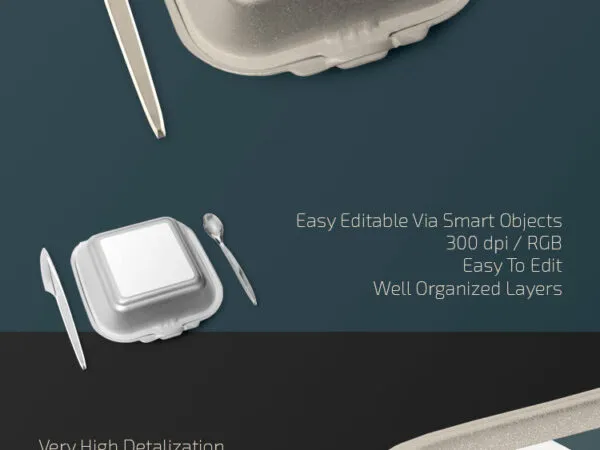 Perspective View Foam Food Container Mockup with Knife and Spoon 1