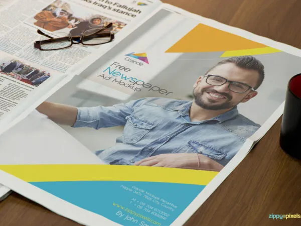 Perspective View Full Page Newspaper Ad Mockup with Glasses 1