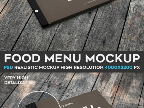 Perspective View Horizontal Hardcover Food Menu Booklet on Wood Mockup 1