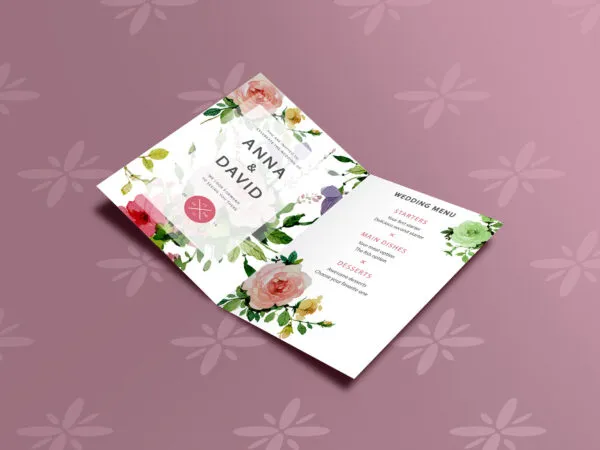 Perspective View Invitation Card Lying Down Open in Middle Mockup 1