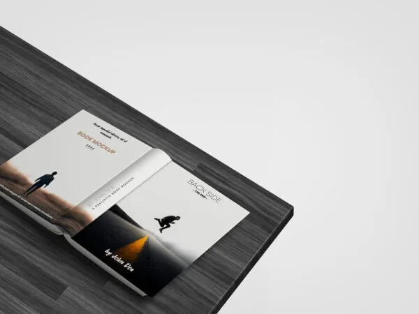 Perspective View Mockup of Open Book on Table Facing Down 1
