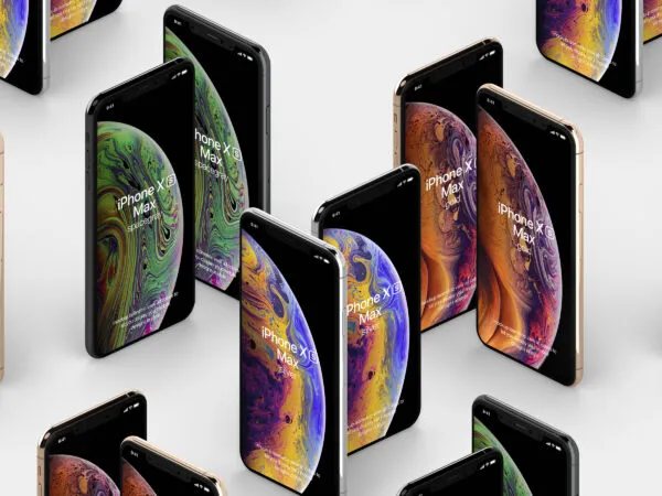 Perspective View Mockup of Several Standing iPhone XS Max 1