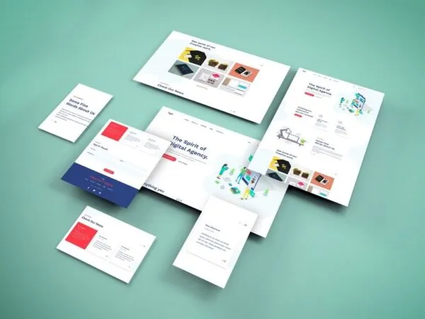 Perspective View Multiple Web Pages on the Floor Mockup 1