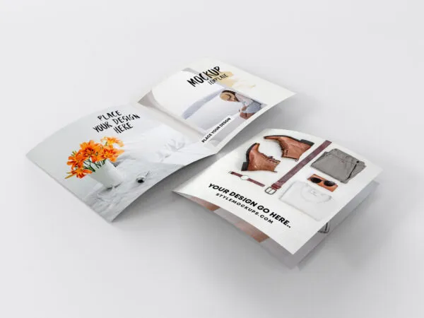 Perspective View Open and Closed Bi fold Square Brochures Mockup 1
