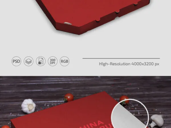 Perspective View Pizza Box Mockup on Floor with Ingredients Around 1