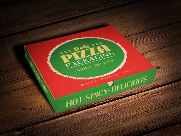 Perspective View Pizza Box on Wooden Floor Mockup 1