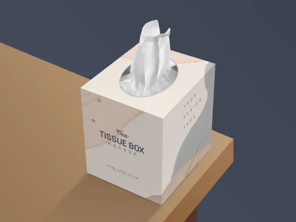 Perspective View Tissue Box on Table Mockup 1