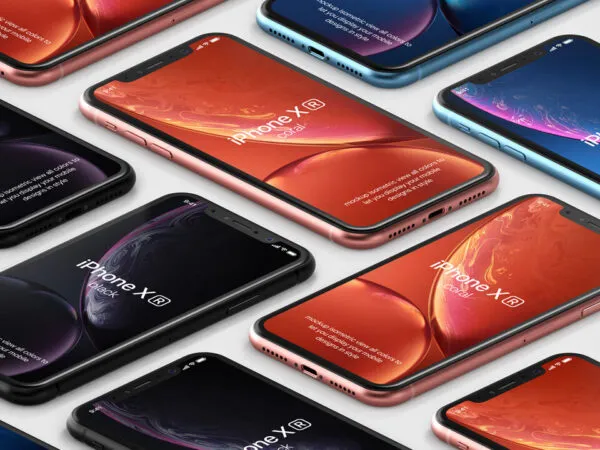 Perspective View iPhone XRS on Floor in Grid Style Mockup 1