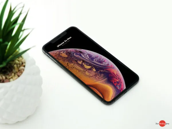 Perspective View iPhone XS Max on Floor Mockup with Plant 1