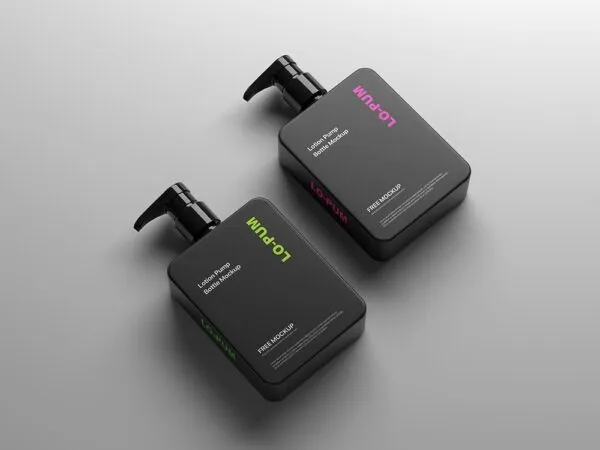 Perspective View of 2 Lotion Pump Bottles Mockup 1