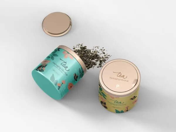 Perspective View of 2 Tea Branding Cans Mockup 1
