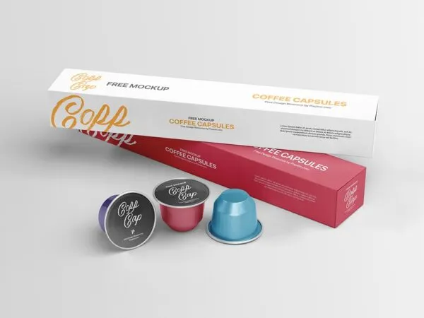 Perspective View of 3 Coffee Capsules and Their Packaging Mockup 1