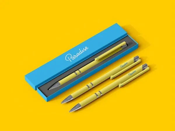Perspective View of 3 Pens and a Packaging Box Mockup 1