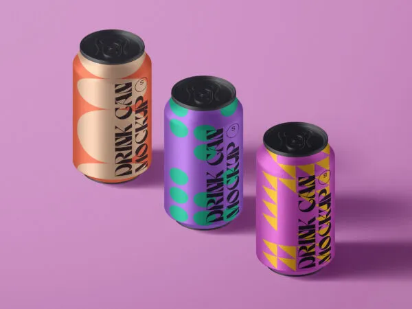 Perspective View of 3 Standing Drink Cans Mockup 1