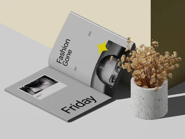 Perspective View of A4 Open Magazine Against Wall 1