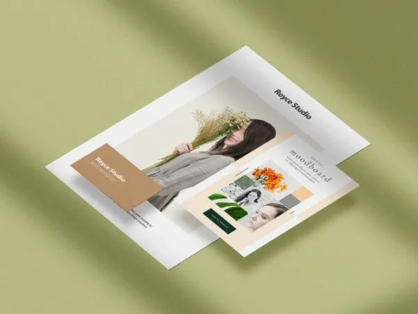 Perspective View of A4 and A5 Papers with Business Card Mockup 1