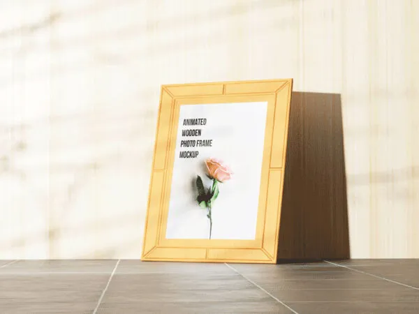 Perspective View of Animated Wooden Photo Frame Mockup 1
