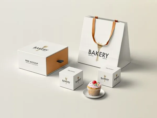 Perspective View of Bakery Packaging Mockup Featuring Various Items 1