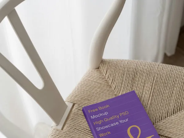 Perspective View of Book on Chair Mockup Next to Curtain 1