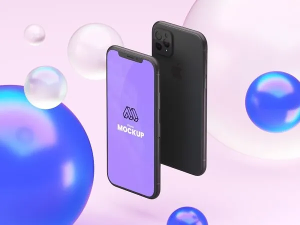 Perspective View of Both Sides of a Floating iPhone 12 Mockup 1