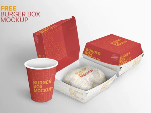 Perspective View of Burger Boxes and Paper Cup Mockup 1