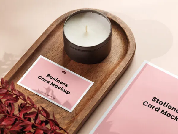 Perspective View of Business Card Mockup with Small Candle 1