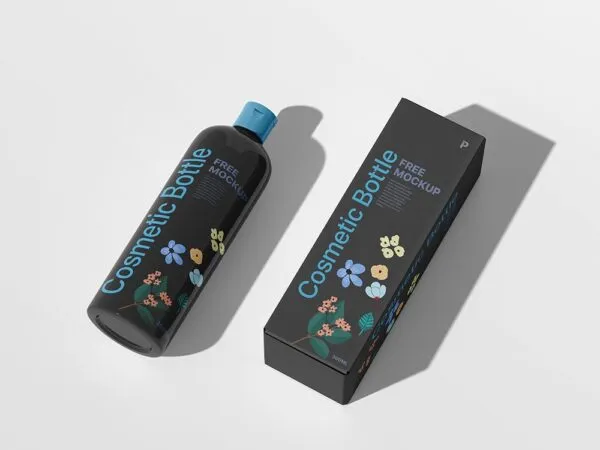 Perspective View of Cosmetic Bottle with Packaging Box Mockup 1