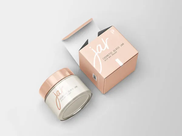 Perspective View of Cosmetic Glass Jar and Box Mockup 1