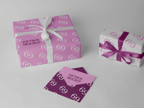 Perspective View of Envelope with Two Gift Boxes Mockup 1
