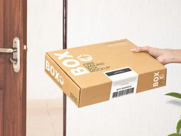 Perspective View of Hand Holding Mailing Box Mockup 1