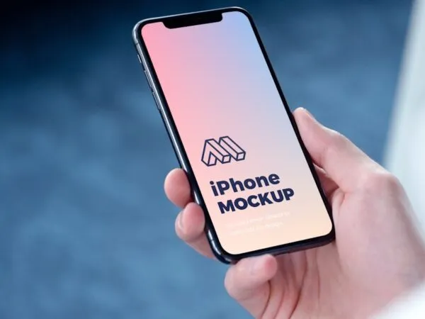 Perspective View of Hand Holding iPhone Mockup 1