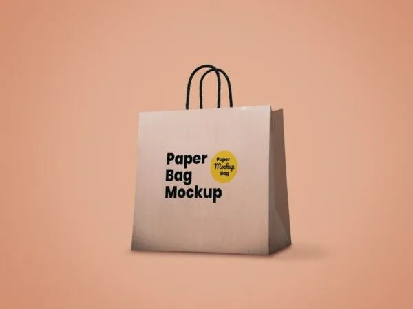 Perspective View of Khaki Paper Bag Mockup 1