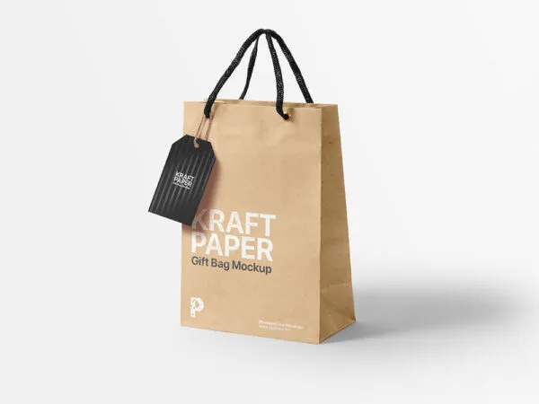 Perspective View of Kraft Paper Gift Bag and Label Tag Mockup 1