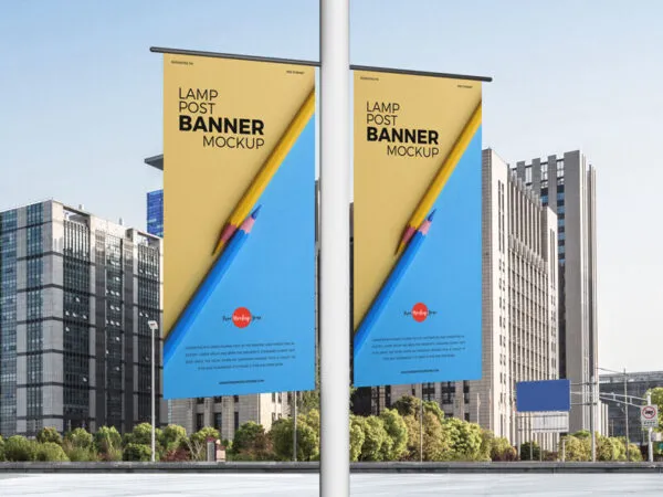 Perspective View of Lamp Post Banners in City Mockup 1