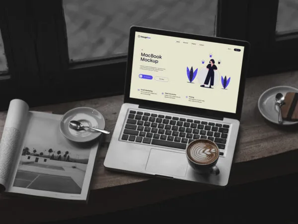 Perspective View of MacBook Mockup in Cafe 1