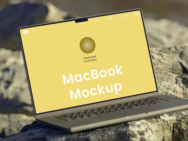 Perspective View of MacBook Mockup on Rock 1