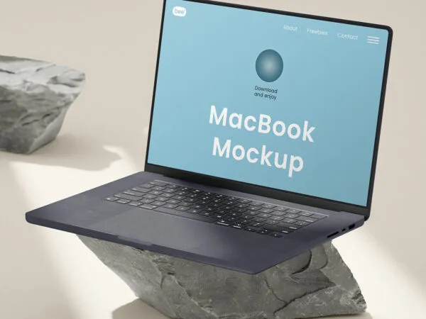 Perspective View of MacBook Mockup on Stone 1