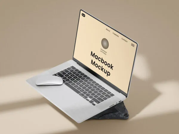 Perspective View of MacBook Mockup with Mouse 1