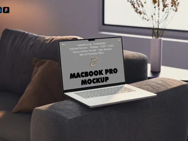 Perspective View of MacBook Pro Mockup on Couch 1