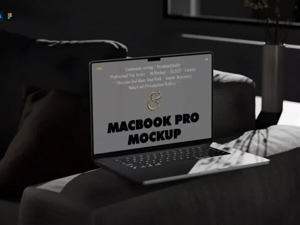 Perspective View of MacBook Pro Mockup on Settee 1