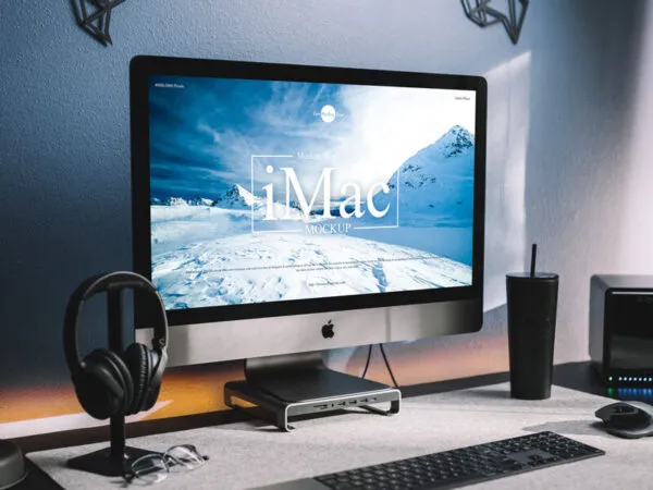 Perspective View of Modern Workstation iMac Mockup in Lifelike Setting 1